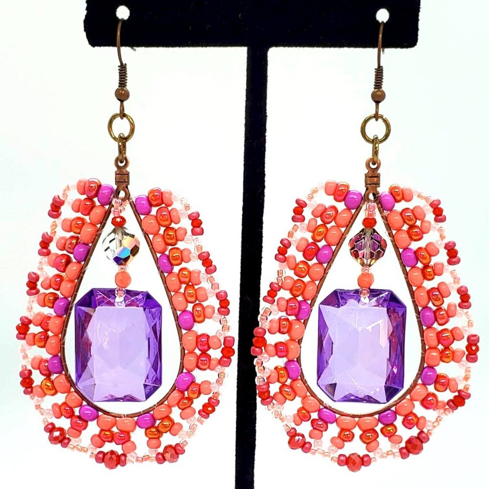 BOHO Dangling Earrings, Red, Coral, and Purple, Perfect for Summer